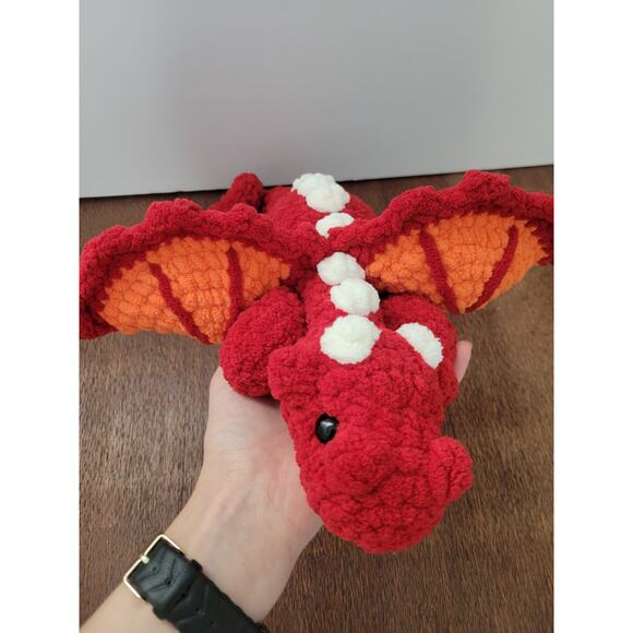 Red Crochet Dragon Stuffed Animal White Orange Chenille Yarn Soft - Picture 3 of 5